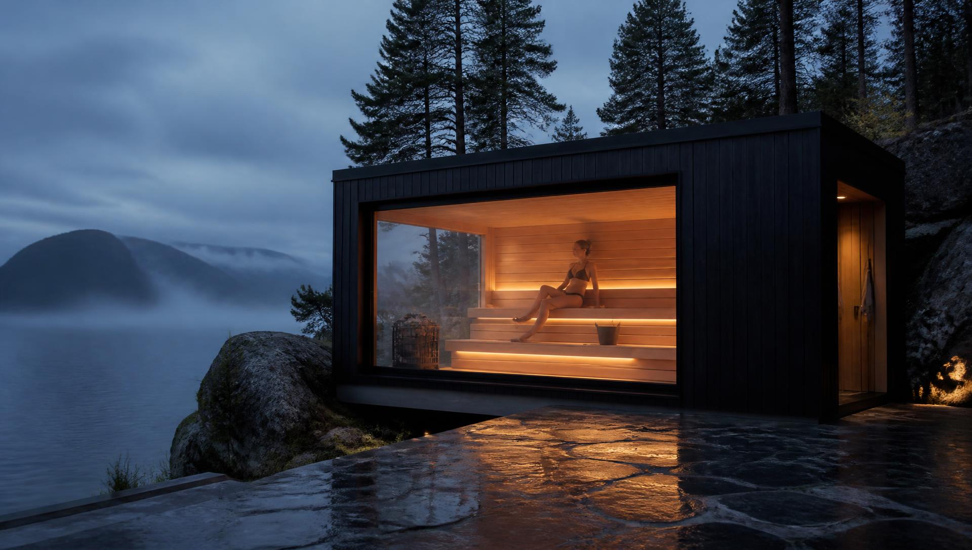 Modern black cedar outdoor sauna glowing at dusk