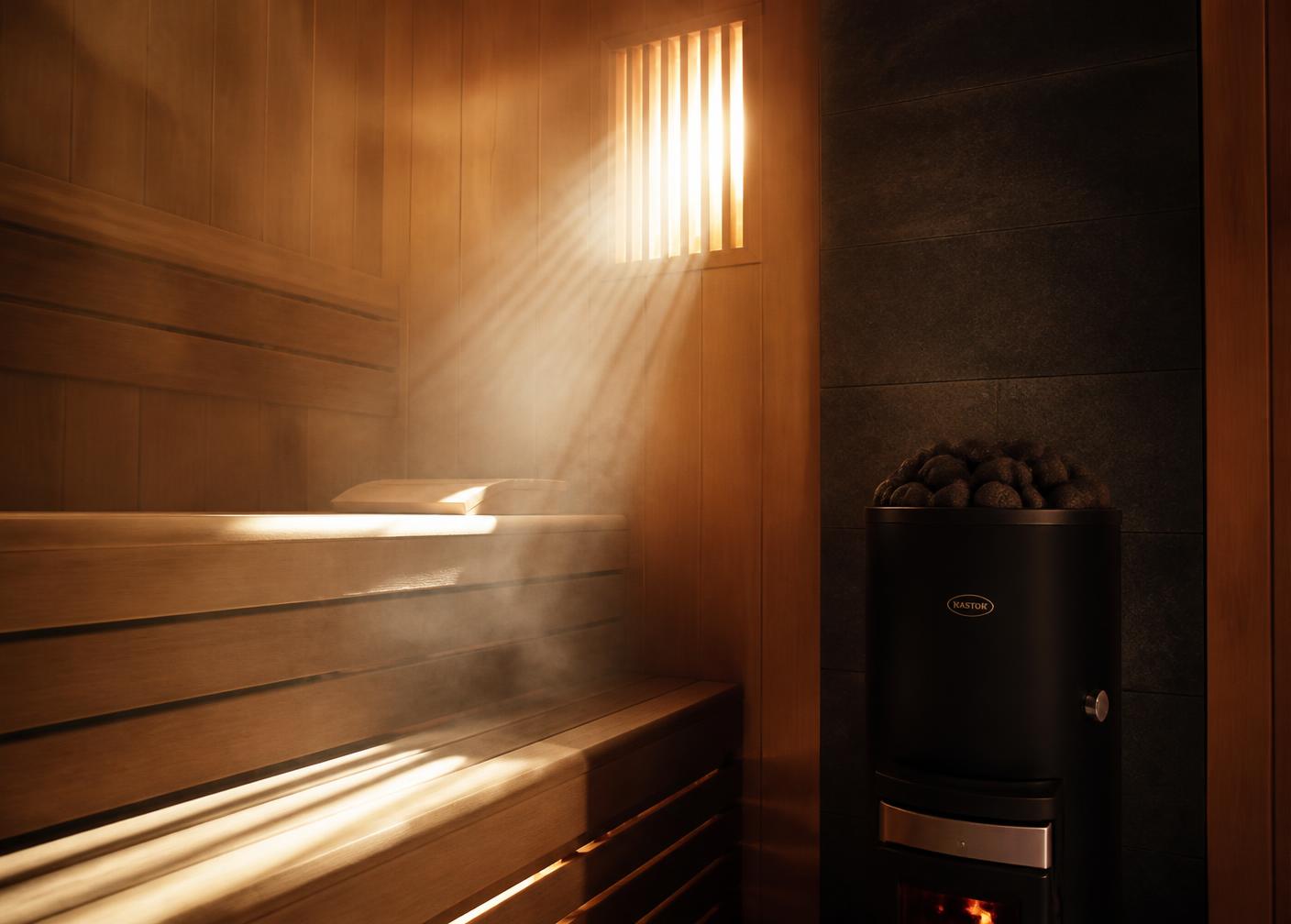 Warm cedar sauna interior with glowing stones